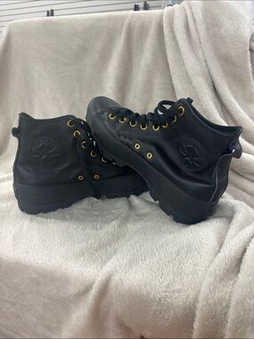 Converse Black Leather Platform High-Top Sneakers with Gold Eyelets